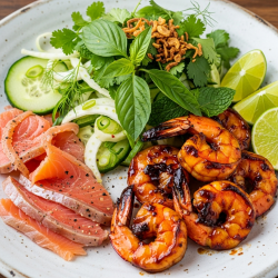 Sticky Prawns and Cured Salmon